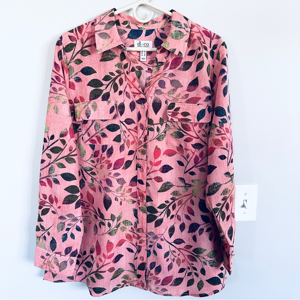 NWT Denim & Co. Printed Woven Button Front Roll Tab Sleeve Tunic, Size L